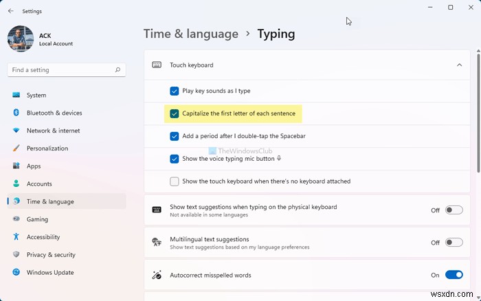 Cho phép hoặc Dừng Bàn phím cảm ứng viết hoa chữ cái đầu tiên của mỗi câu trong Windows 11 