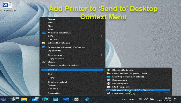 Cách thêm Máy in vào menu ngữ cảnh ‘Gửi tới’ trên Máy tính để bàn trên Windows 11/10 
