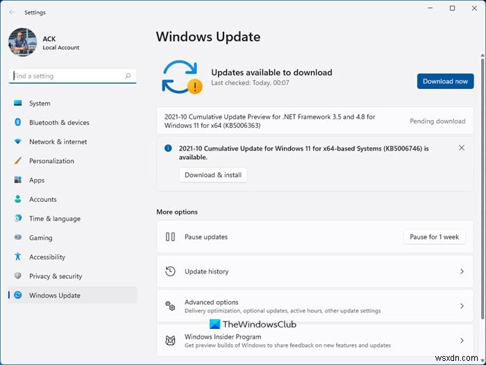 Cài đặt Windows Update trong Windows 11 