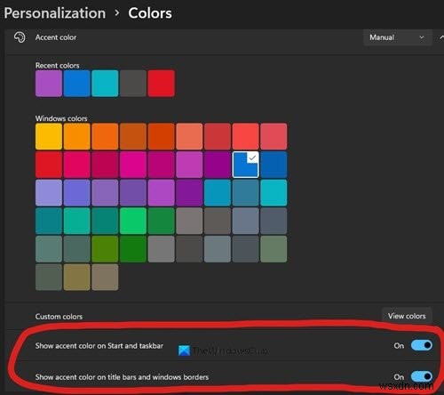 Cách bật hoặc tắt Accent Color cho Start Menu và Taskbar trong Windows 11 