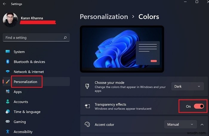 Cách Bật hoặc Tắt hiệu ứng Độ trong suốt trong Windows 11 