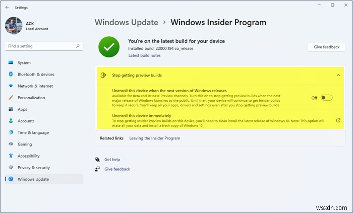 Cách chuyển từ Bản xem trước nội bộ sang Bản dựng ổn định của Windows 11 