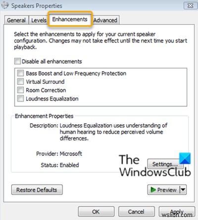 Thiếu tab Cải tiến âm thanh trong Thuộc tính loa trên Windows 11/10 