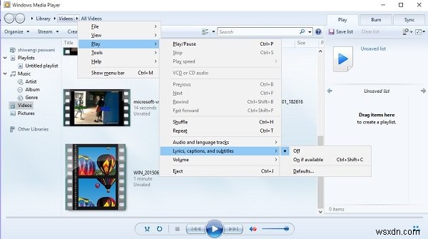 Hiển thị hoặc ẩn Lời bài hát, Chú thích và Phụ đề cho video trong Windows 11/10 