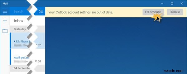 Cài đặt tài khoản Outlook của bạn đã lỗi thời trong ứng dụng Thư hoặc Lịch 