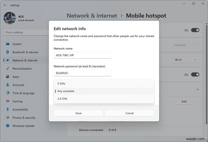 Cách đặt băng tần Broadcast cho Mobile Hotspot trên Windows 11/10 