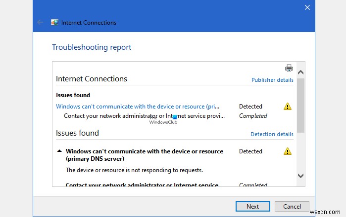 Windows không thể giao tiếp với thiết bị hoặc tài nguyên (Máy chủ DNS chính) 