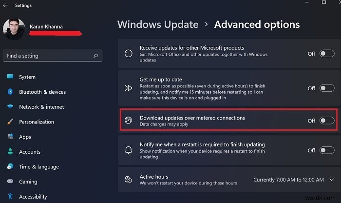 Cho phép các Bản cập nhật Windows được tải xuống tự động qua Kết nối được đo lường 