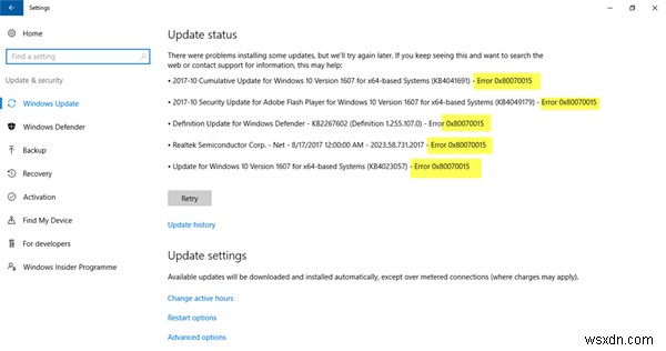 Lỗi 0x80070015 cho Windows Update, Microsoft Store, Windows Defender 