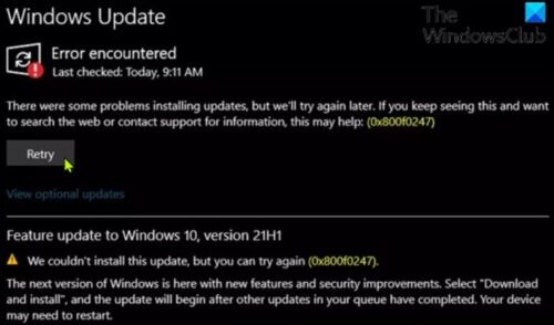 Sửa lỗi Windows Update 0x800f0247 trên Windows 11/10 