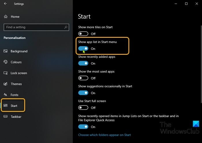 Cách thêm hoặc xóa tất cả danh sách ứng dụng trong Start Menu trên Windows 11/10 