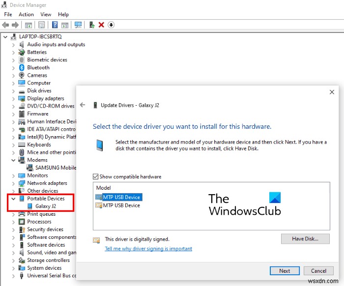 Trình điều khiển thiết bị USB MTP không cài đặt được trên Windows 11/10 