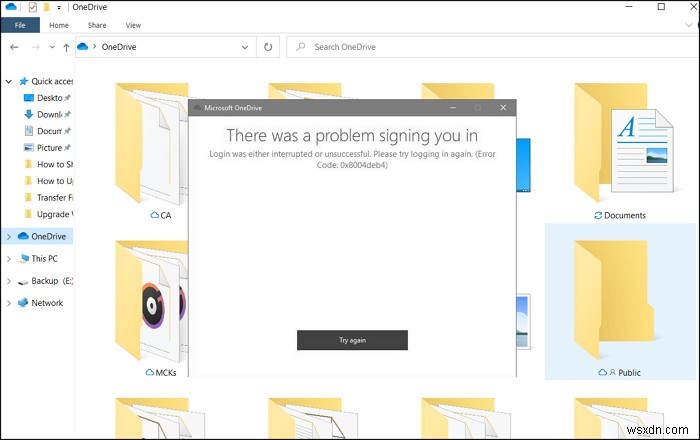 Đăng nhập OneDrive bị gián đoạn hoặc không thành công, Lỗi 0x8004deb4 