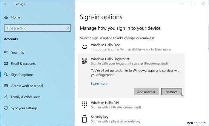 Cách xóa Vân tay khỏi Windows Hello trong Windows 11/10 