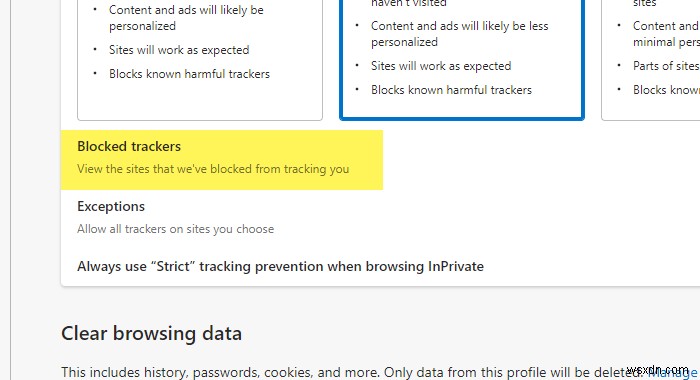 Cách xem hoặc xóa tất cả các Trình theo dõi bị chặn trong Microsoft Edge 
