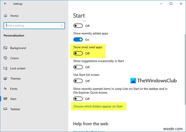 Xóa các ứng dụng được sử dụng nhiều nhất khỏi Start Menu trong Windows 11/10 