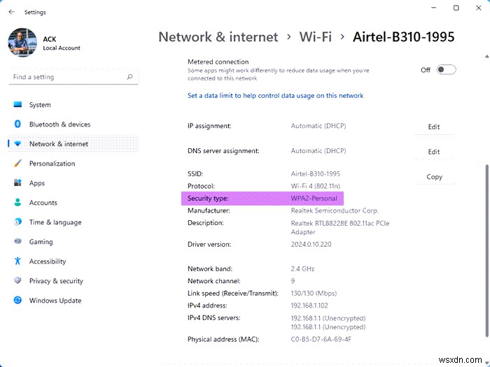 Cách kiểm tra loại Bảo mật mạng Wi-Fi trong Windows 11/10 