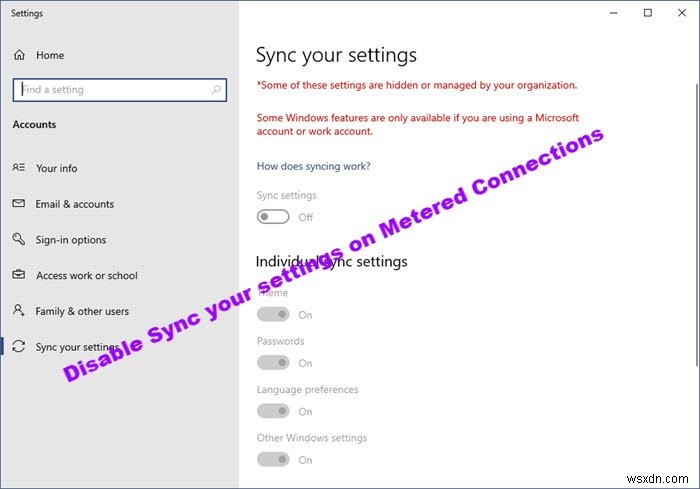 Tắt Đồng bộ hóa cài đặt của bạn trên khóa chuyển Kết nối được đo trong Windows 10 