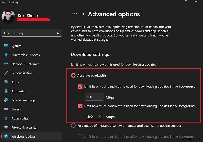 Chỉ định băng thông tuyệt đối có thể được sử dụng để tải xuống các bản cập nhật Windows trong Windows 11/10 
