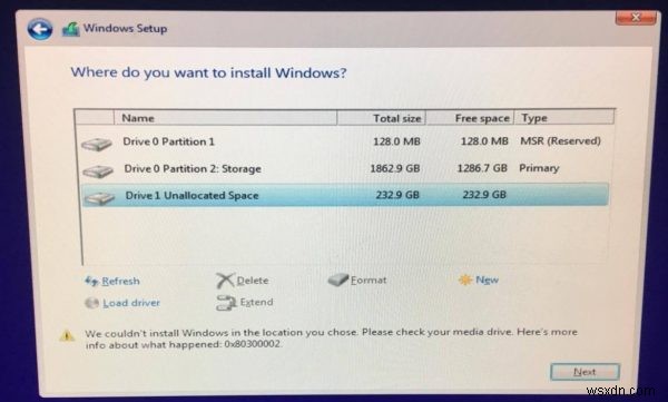 Lỗi 0x80300002, Chúng tôi không thể cài đặt Windows ở vị trí bạn chọn 