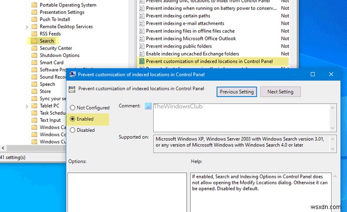 Cách ngăn người dùng sửa đổi Vị trí chỉ mục tìm kiếm trong Windows 10 