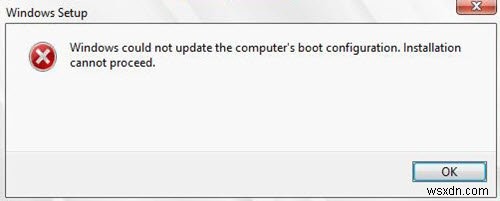Windows không thể cập nhật cấu hình khởi động của máy tính. Không thể tiến hành cài đặt 