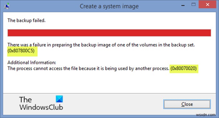 Sao lưu hình ảnh hệ thống không thành công với mã lỗi 0x807800C5, 0x80070020 