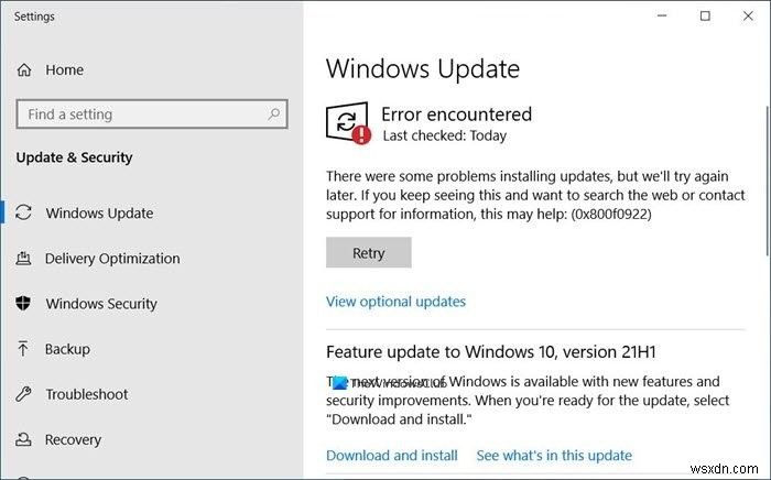 Sửa lỗi cập nhật Windows 0x800F0922 