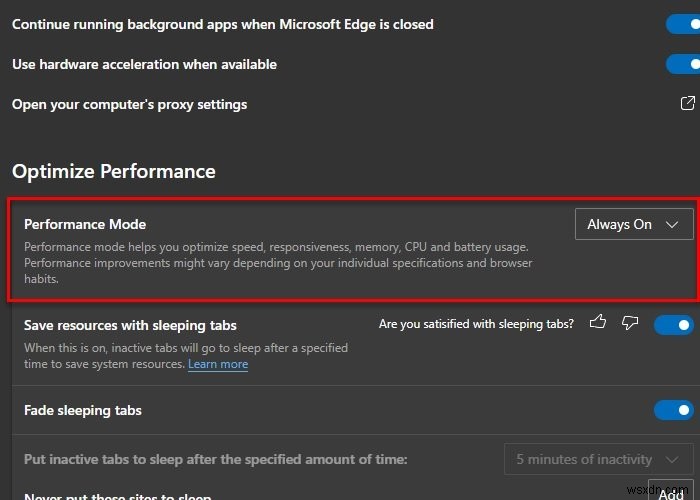 Cách tắt hoặc bật Chế độ hiệu suất trong Microsoft Edge 
