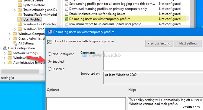 Không đăng nhập người dùng bằng Cấu hình Tạm thời trên Windows 10 