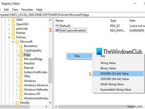 Tắt tính năng Web Capture trong Microsoft Edge bằng Registry trong Windows 10 