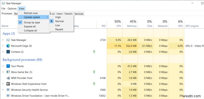 Cách thay đổi tốc độ cập nhật dữ liệu của Task Manager trong Windows 10 