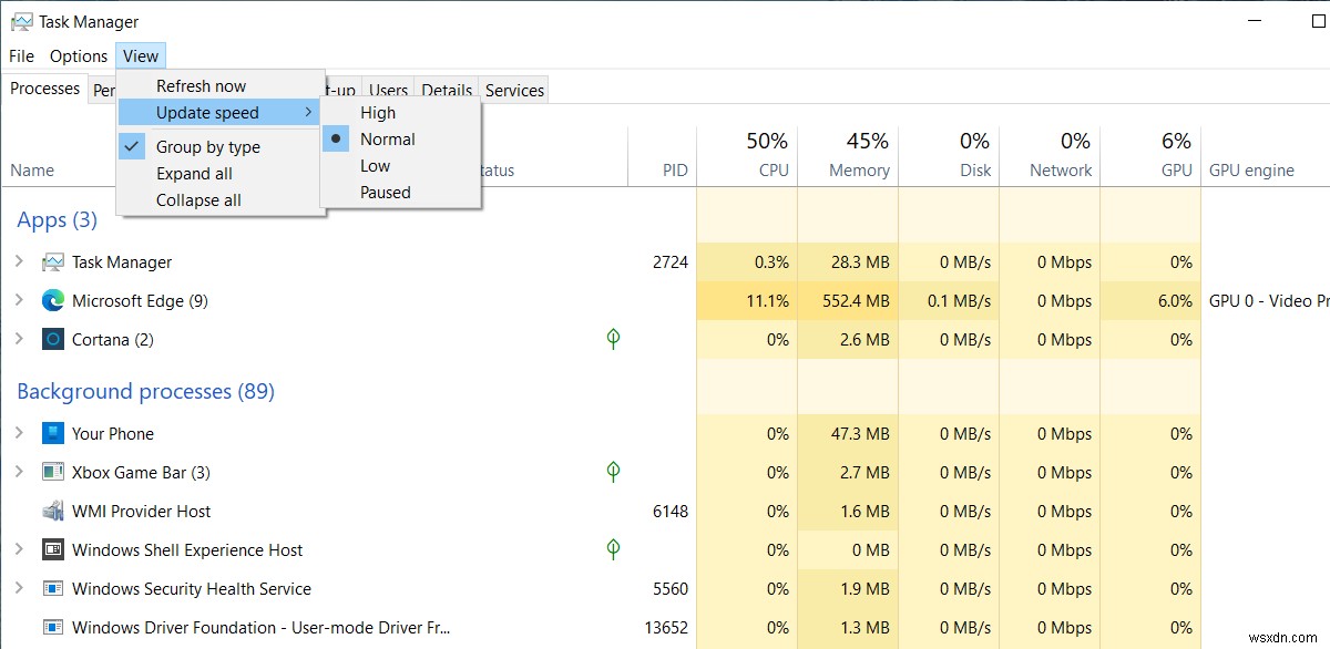 Cách thay đổi tốc độ cập nhật dữ liệu của Task Manager trong Windows 10 