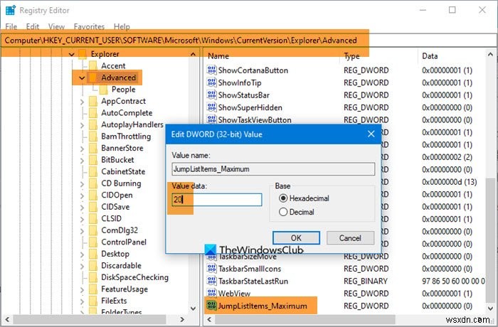 Cách tăng số lượng mục Jump List trong Windows 11/10 