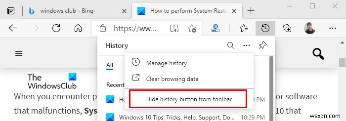 Nút Hiển thị hoặc Ẩn Lịch sử trên Thanh công cụ trong Microsoft Edge 