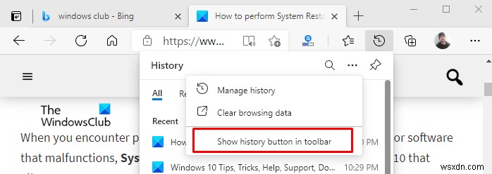 Nút Hiển thị hoặc Ẩn Lịch sử trên Thanh công cụ trong Microsoft Edge 