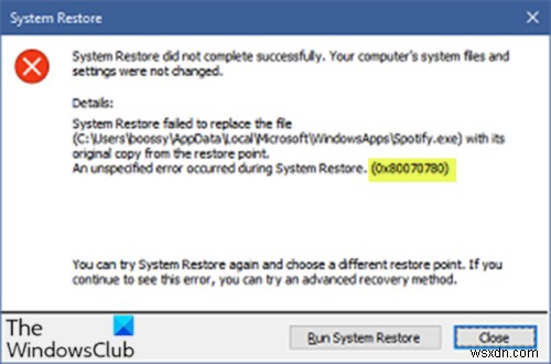 Khôi phục Hệ thống không thể thay thế tệp, Mã lỗi 0x80070780 