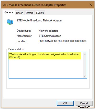 Windows vẫn đang thiết lập cấu hình lớp cho thiết bị này, Mã 56 