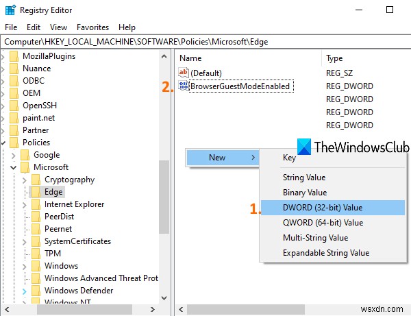 Bật hoặc tắt Chế độ khách trong Microsoft Edge bằng Windows 10 Registry 