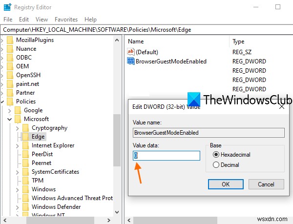 Bật hoặc tắt Chế độ khách trong Microsoft Edge bằng Windows 10 Registry 