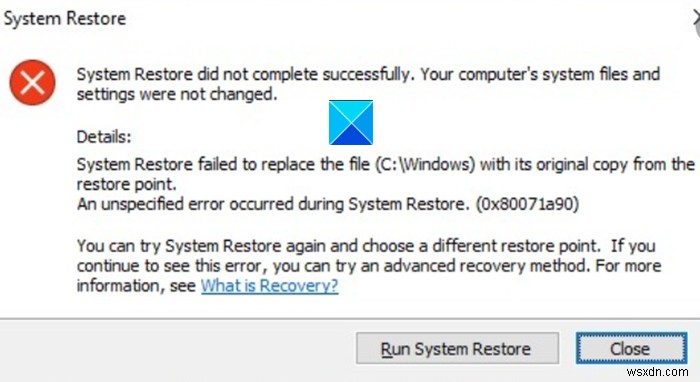 Khôi phục Hệ thống không hoàn tất thành công, Mã lỗi 0x80071a90 