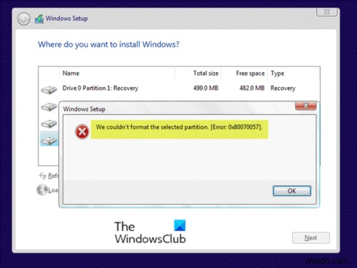 Chúng tôi không thể định dạng phân vùng đã chọn - Lỗi 0x80070057 