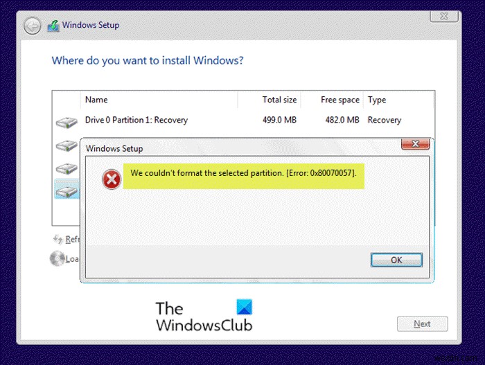 Chúng tôi không thể định dạng phân vùng đã chọn - Lỗi 0x80070057 