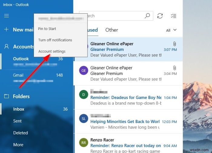 Cách thay đổi thứ tự tài khoản email trong ứng dụng Windows 10 Mail 
