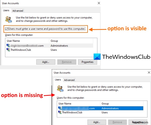 Người dùng phải nhập tên người dùng và mật khẩu để sử dụng máy tính bị thiếu trong Windows 11/10 này 