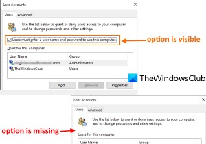 Người dùng phải nhập tên người dùng và mật khẩu để sử dụng máy tính bị thiếu trong Windows 11/10 này 