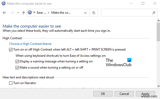 Bật hoặc tắt âm thanh và thông báo cảnh báo có độ tương phản cao trong Windows 11/10 