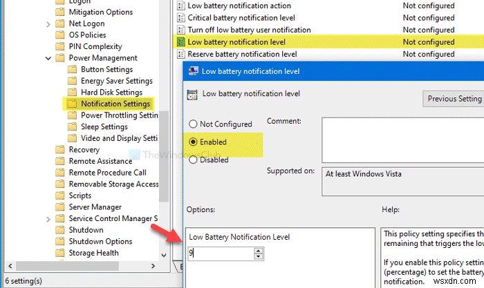Quản lý cài đặt thông báo pin bằng Registry hoặc Group Policy Editor trong Windows 11/10 
