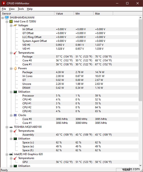 HWMonitor giúp bạn theo dõi các thay đổi phần cứng trên Windows 10 