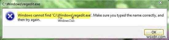 Windows không thể tìm thấy C:/Windows/regedit.exe 